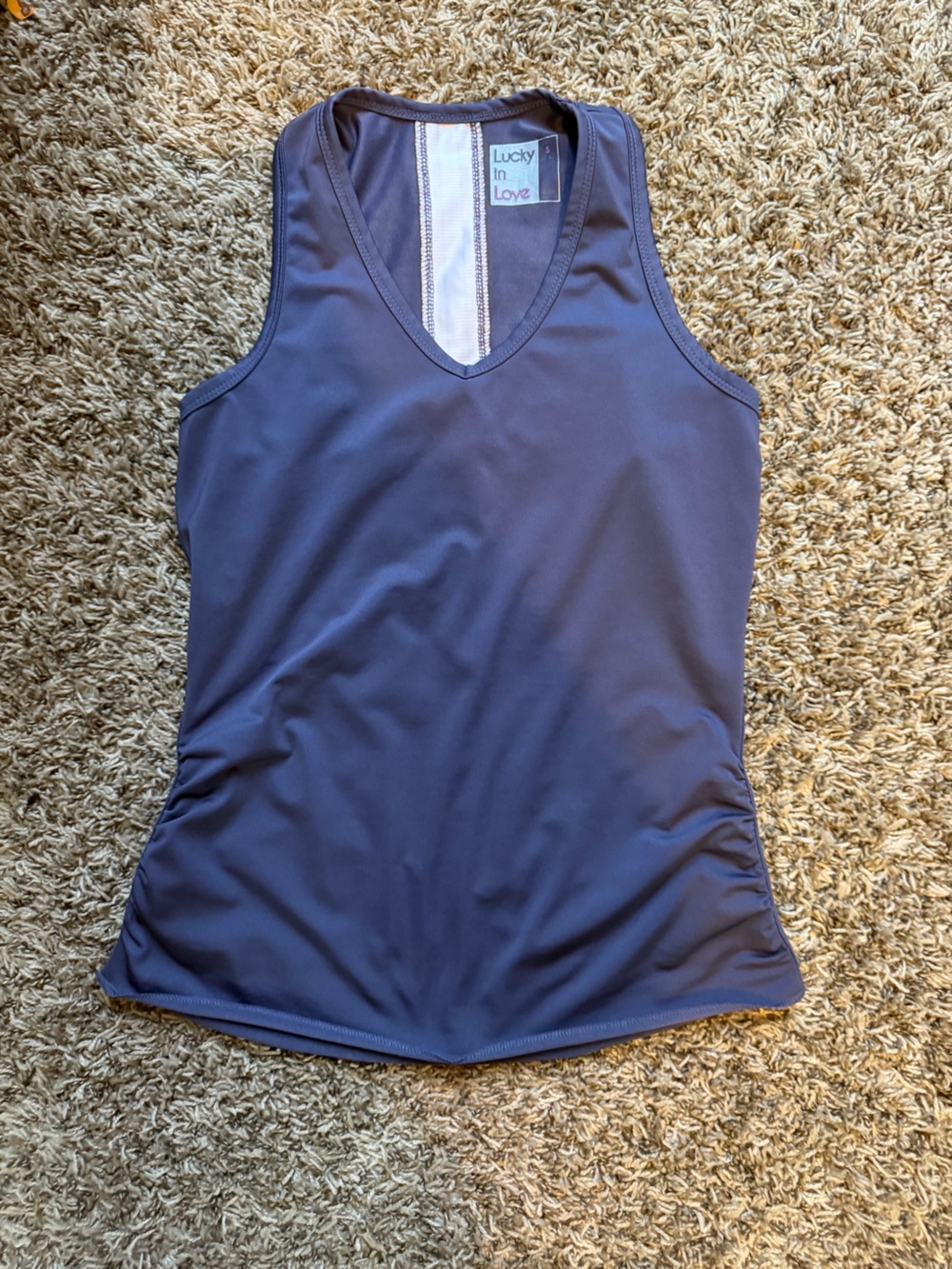 LUCKY IN LOVE Women's Patch Stripe Tank Small Blue Ruched Pickleball Tennis Golf